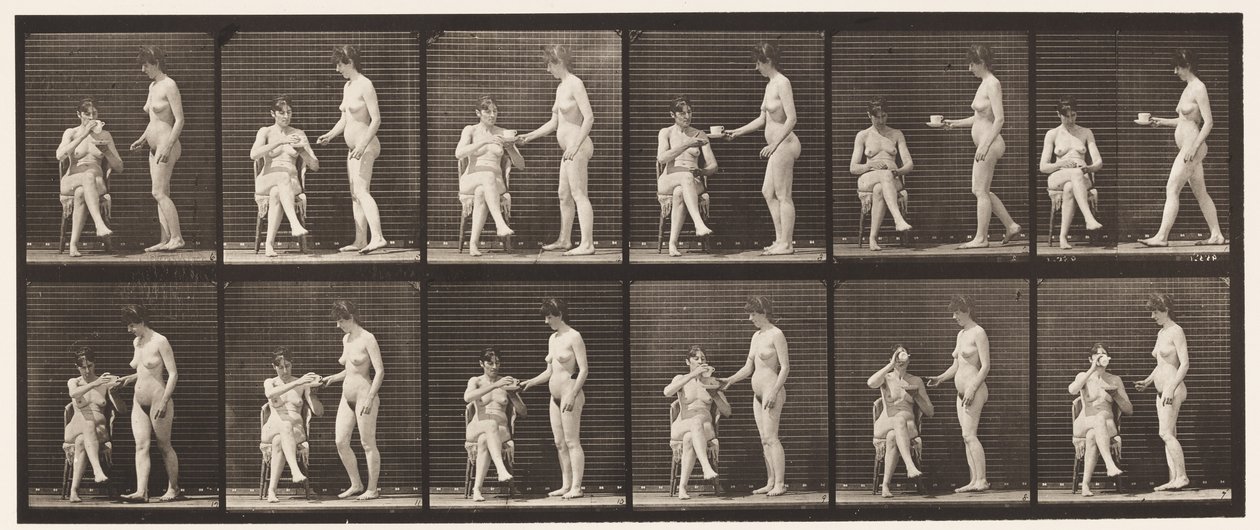 Placa 450. Dos modelos, 8 trae taza de té, 1 toma taza y bebe, 1872-1885 de Eadweard Muybridge