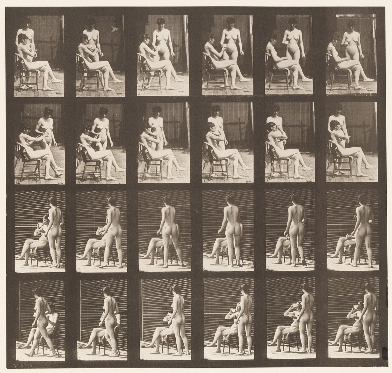 Placa 451. Dos modelos, uno trae una taza de té, el otro toma la taza y bebe, 1872-1885 de Eadweard Muybridge