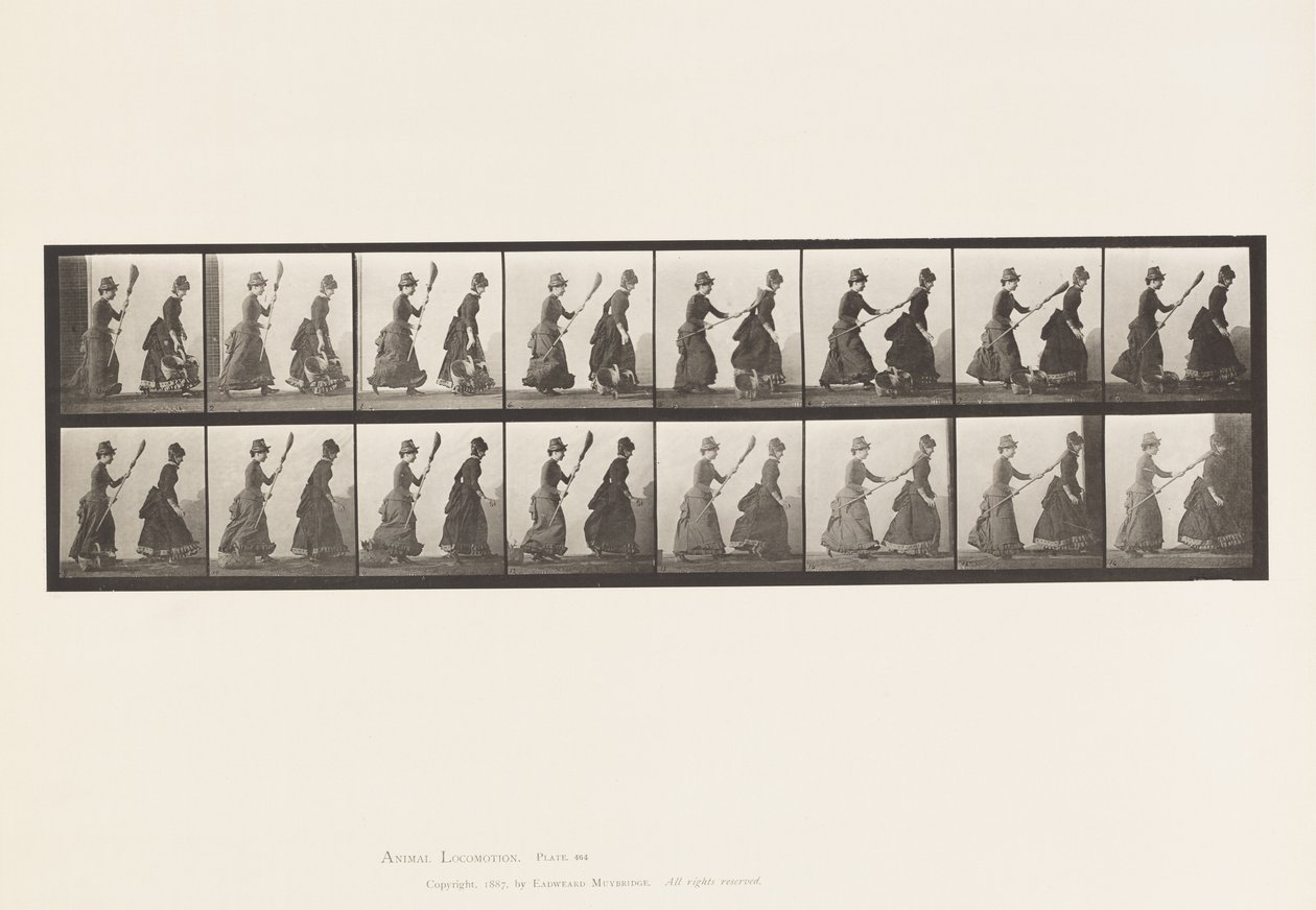 Placa 464. Dos modelos, 16 persiguiendo a 4 con una escoba de Eadweard Muybridge