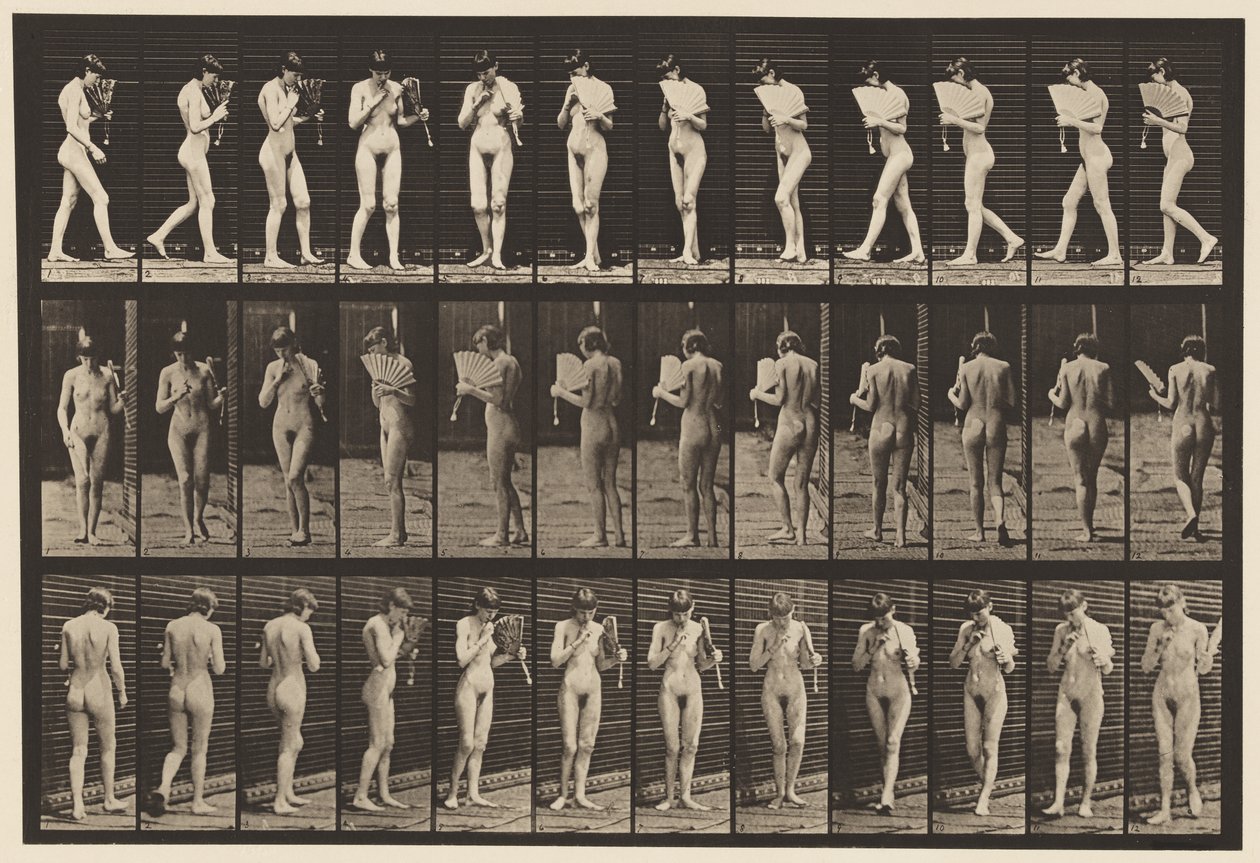 Placa 46. Caminando, coqueteando con un abanico y girando de Eadweard Muybridge