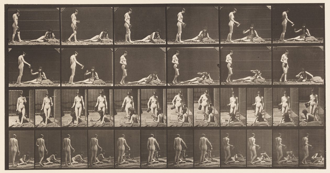 Placa 485. Dos modelos; A, 10 de pie y llenando una copa, 1872-1885 de Eadweard Muybridge
