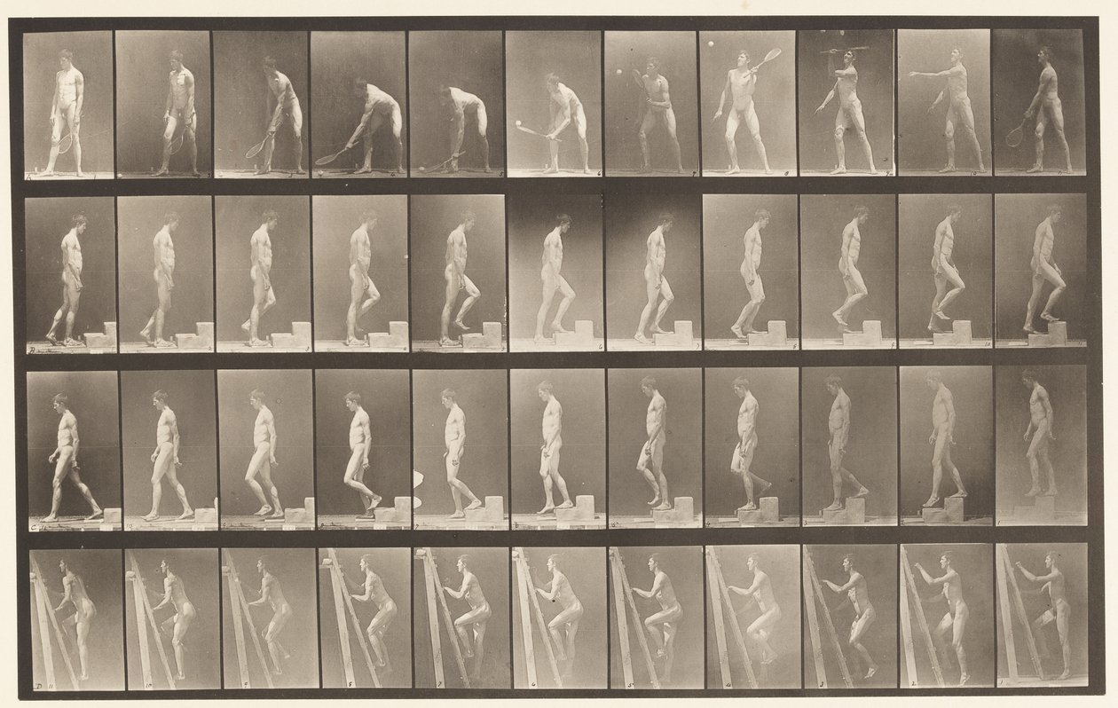 Placa 486. A, Tenis en césped; B, Subiendo un escalón de Eadweard Muybridge