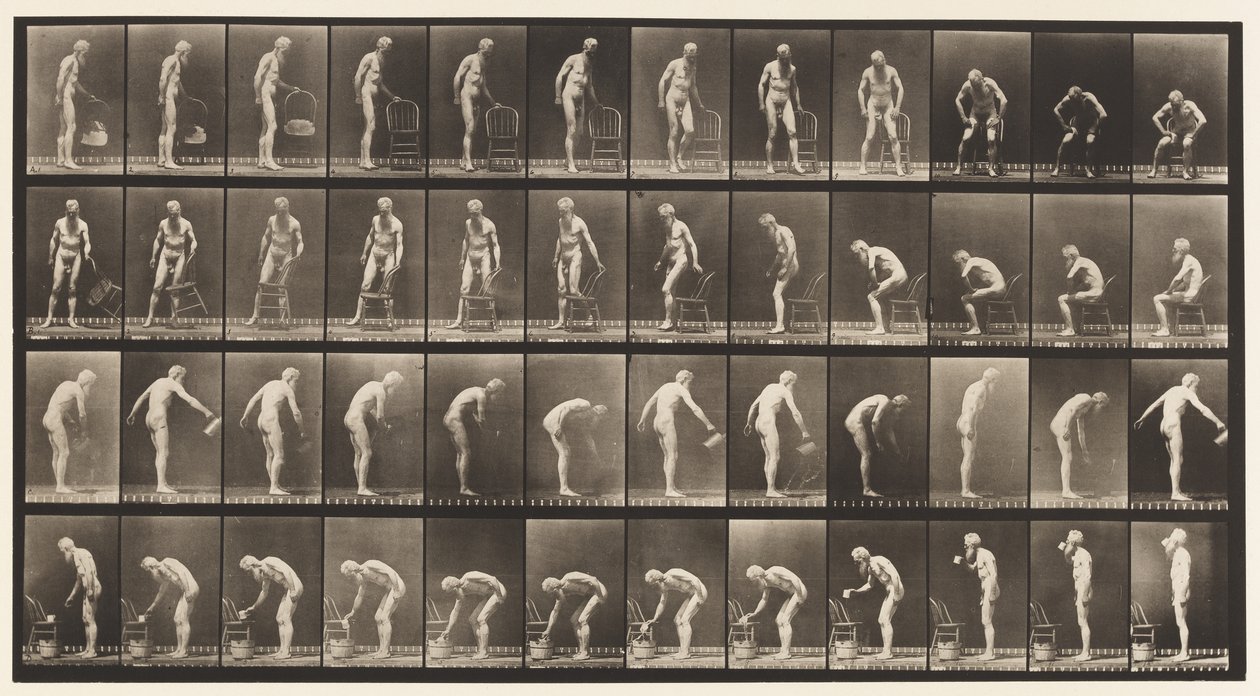 Placa 490. A, Sentándose; B, Sentándose; C, Rociando Agua de Eadweard Muybridge