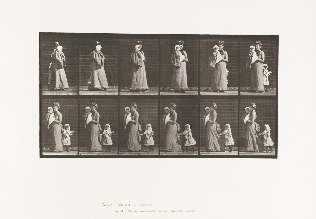 Placa 52. Caminando llevando a un niño, girando; otro niño (70) sujetándose al vestido de 9 de Eadweard Muybridge