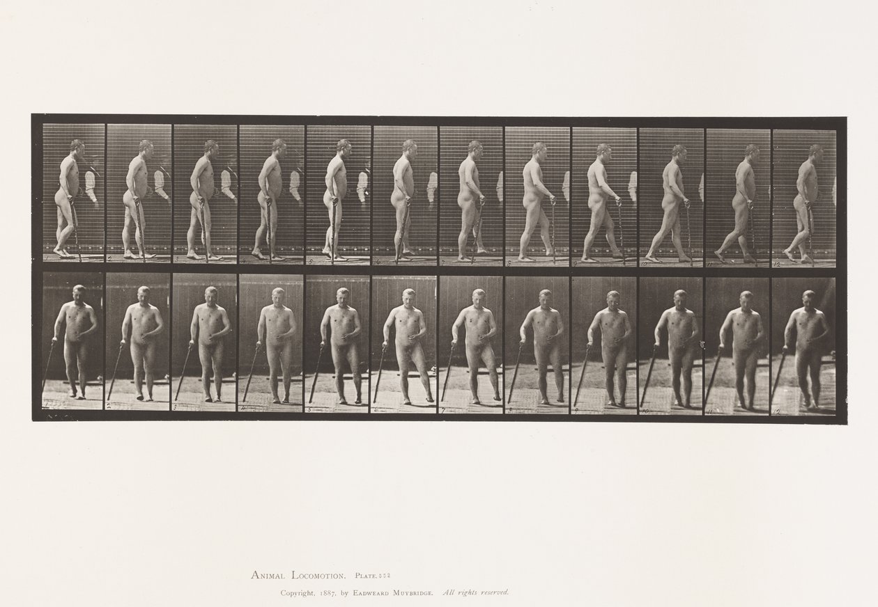 Placa 552. Hemiplejía; caminando con bastón, 1885 de Eadweard Muybridge
