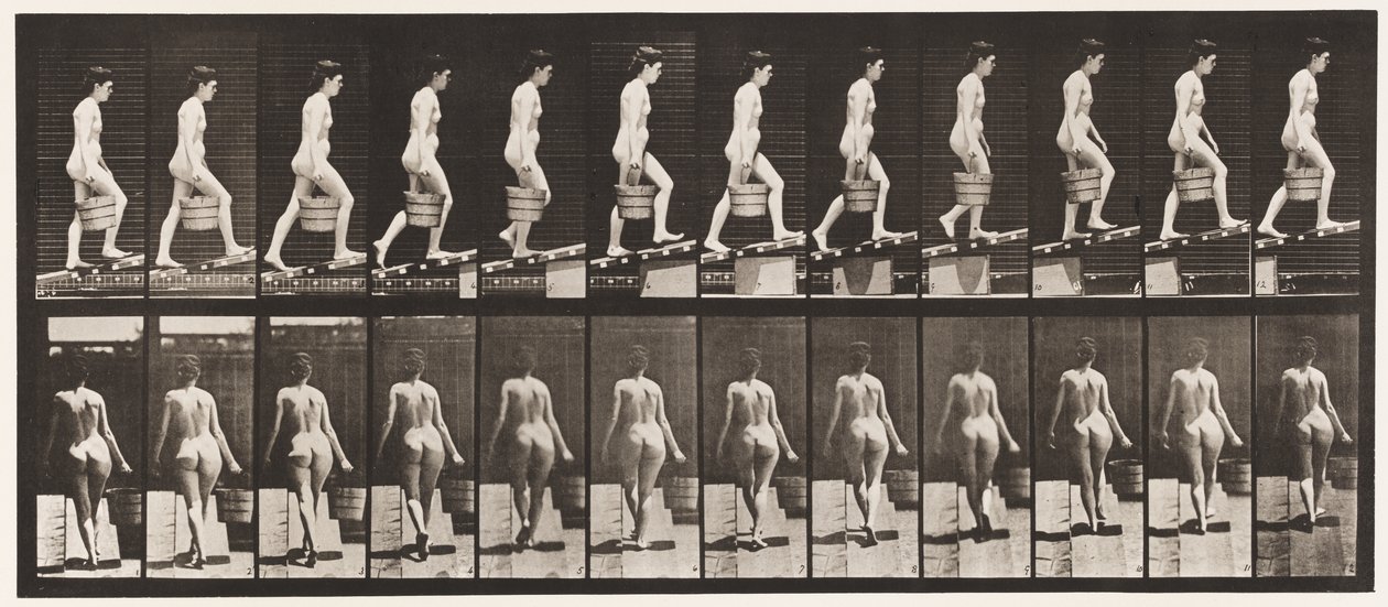 Placa 83. Ascendiendo pendiente, cubo de agua en la mano derecha de Eadweard Muybridge
