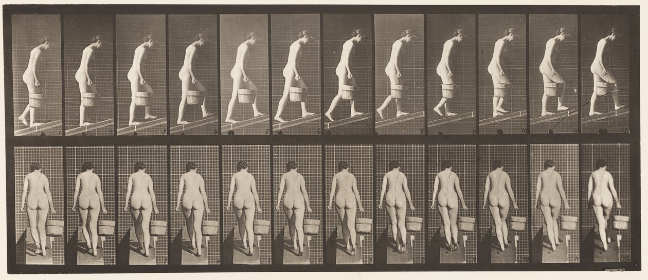 Placa 84. Subiendo una pendiente, cubo de agua en la mano derecha de Eadweard Muybridge
