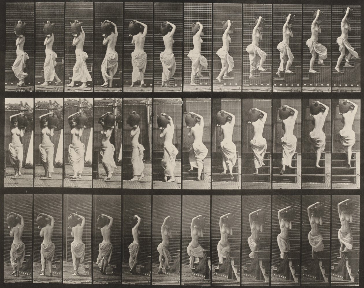 Lámina número 105. Persona que gira y sube escaleras, una jarra de agua sobre el hombro izquierdo de Eadweard Muybridge