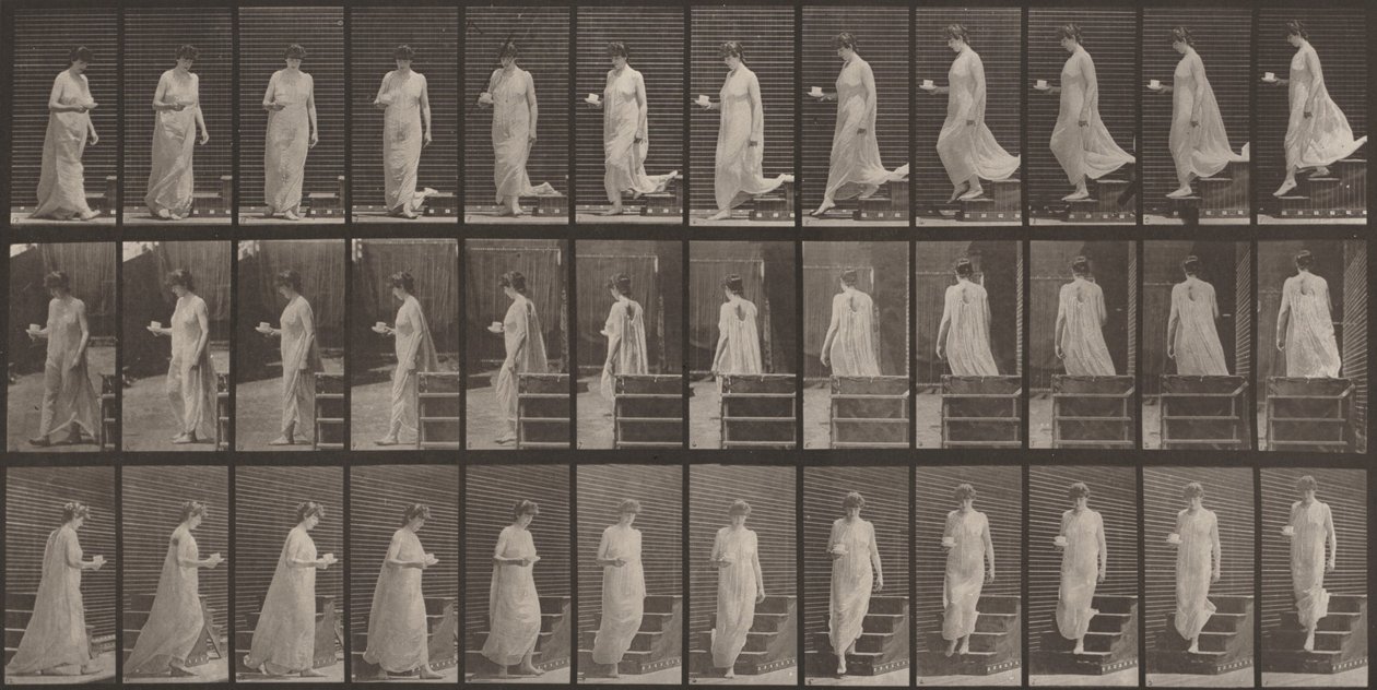 Lámina número 143. Bajando escaleras, una taza y un platillo en la mano derecha de Eadweard Muybridge