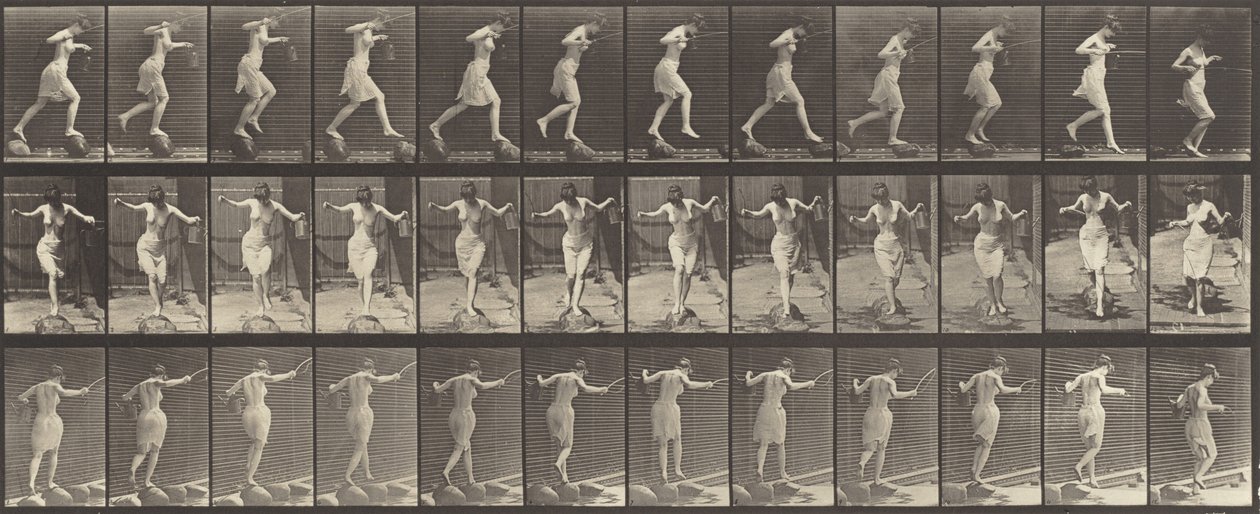 Placa Número 175. Cruzando el Arroyo sobre Piedras con una Caña de Pescar y un Lata de Eadweard Muybridge