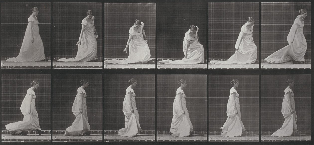 Lámina número 207. Agacharse y levantar la cola del vestido de Eadweard Muybridge