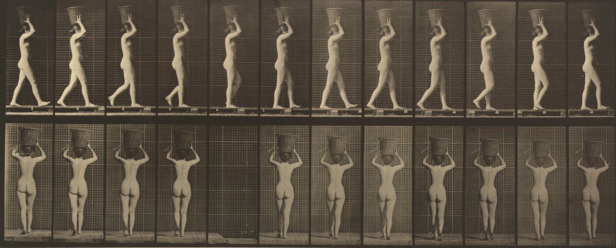 Placa número 34. Caminando y llevando una cesta de 15 libras sobre la cabeza, con las manos levantadas,1887 (foto). de Eadweard Muybridge
