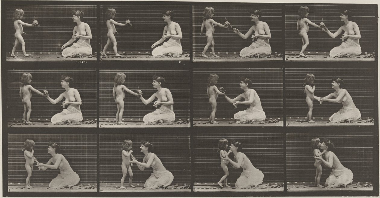 Placa número 465. Niño llevando un ramo de flores a una mujer,1887 (foto) de Eadweard Muybridge