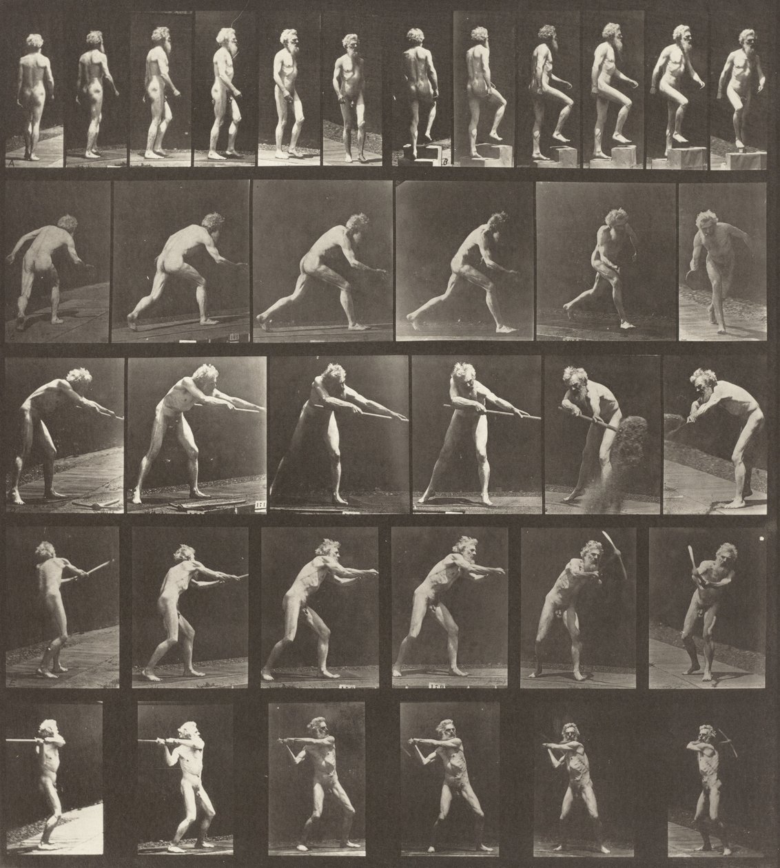 Placa número 521. A: Caminando. B: Subiendo un escalón. C: Lanzando el disco. D: Usando una pala. E, F: Usando un pico de Eadweard Muybridge