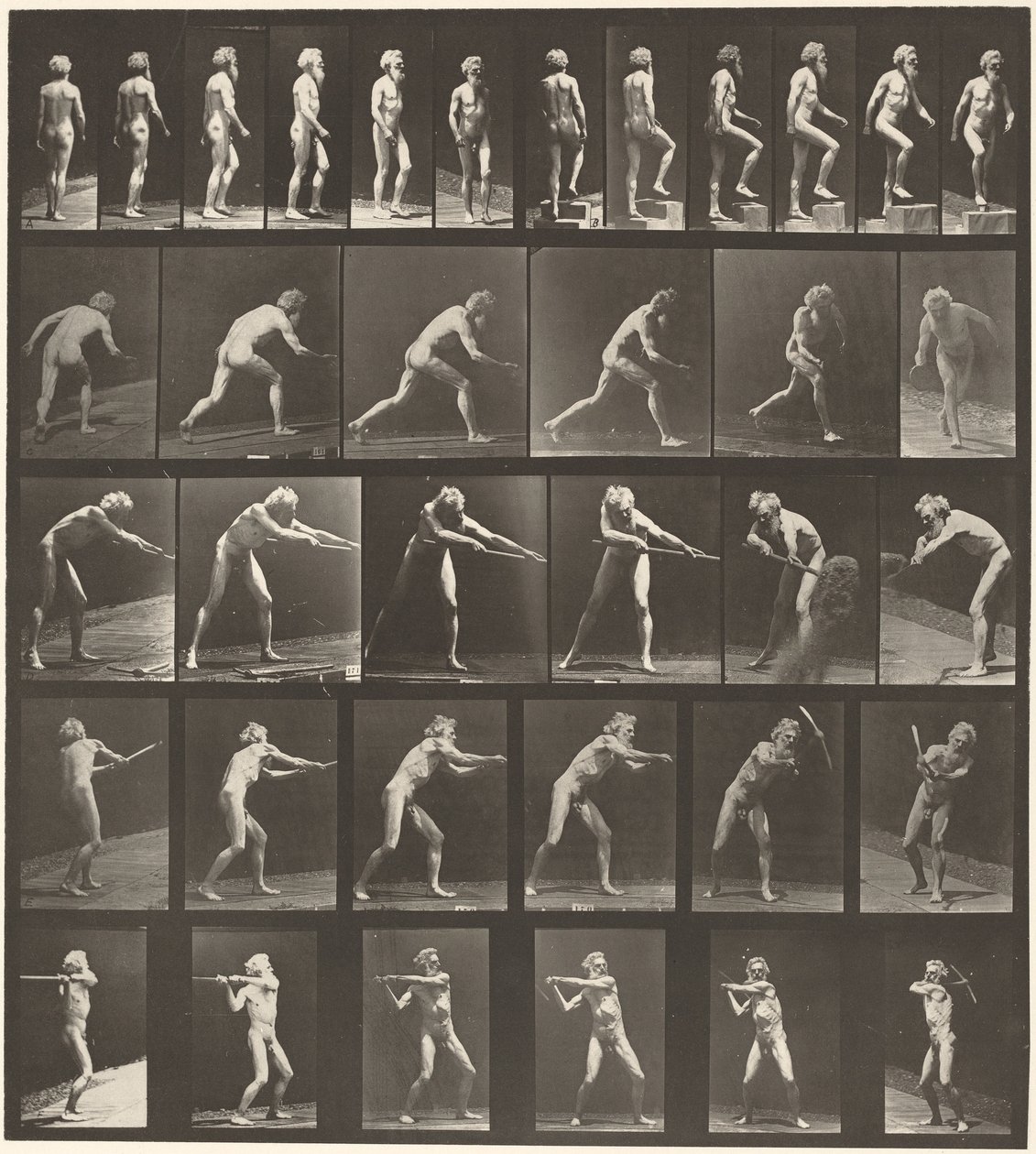 Placa número 521. A: Caminando. B: Subiendo escalón. C: Lanzando disco. D: Usando pala. E, F. Usando pico,1887 (foto) de Eadweard Muybridge