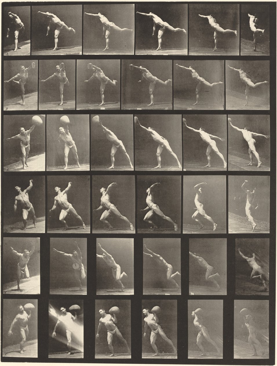 Placa número 523. A: Dando un golpe. B, E: Lanzando disco. C, F: Levantando una piedra de 75 libras. D: Lanzando una pelota de Eadweard Muybridge