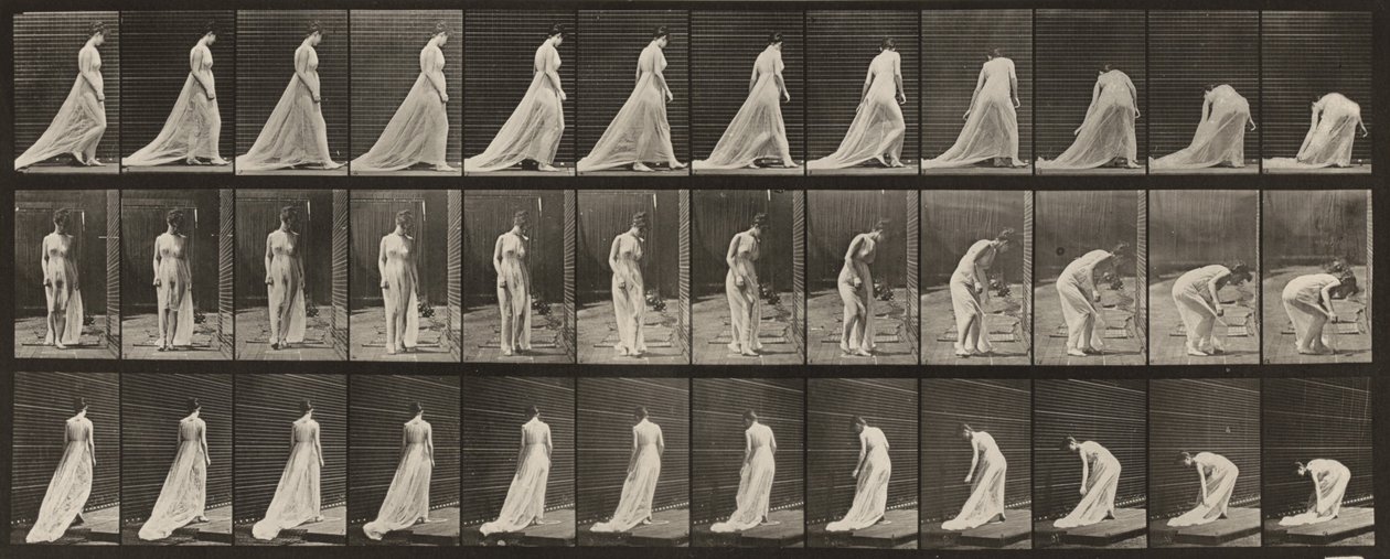 Lámina número 56. Caminar, girarse y agacharse para levantar la cola del vestido de Eadweard Muybridge