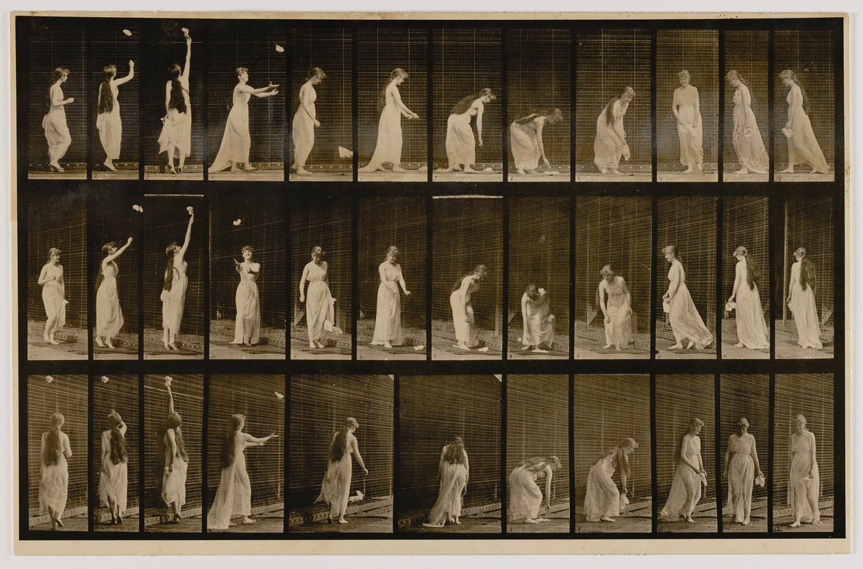Mujer lanzando un pañuelo al aire y recogiéndolo, del libro Animal Locomotion de Eadweard Muybridge