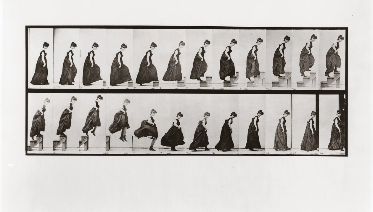 Mujer subiendo escaleras y saltando, Placa 173 de Animal Locomotion de Eadweard Muybridge