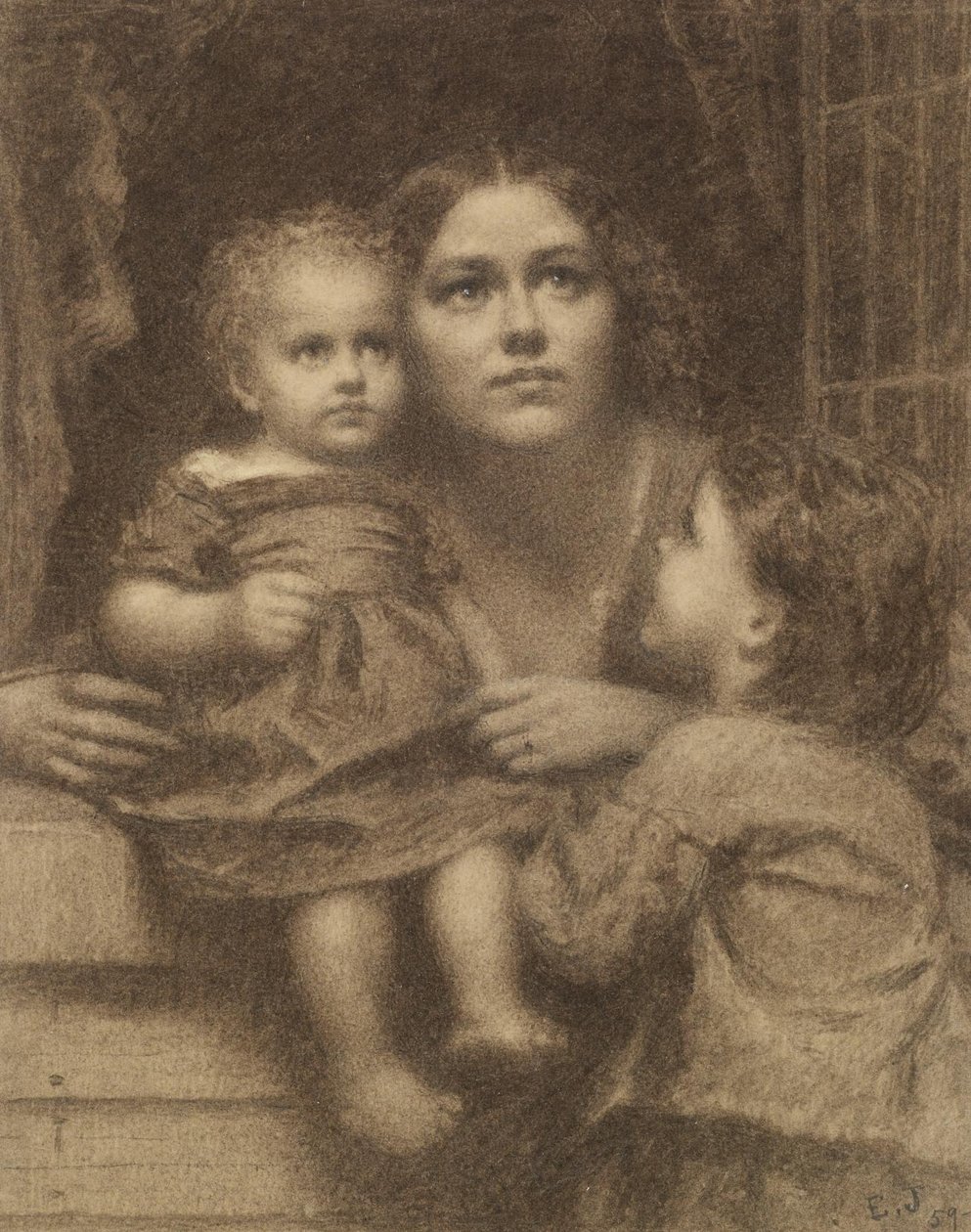 Mujer con dos niños junto a una ventana de Eastman Johnson