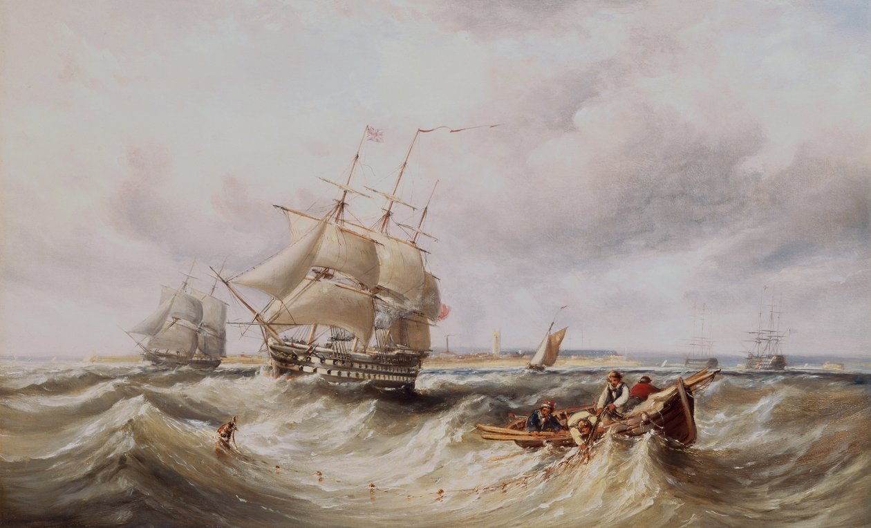 Un Dos Pisos saliendo de puerto con otros buques de guerra anclados en la rada (petróleo) de Ebenezer Colls
