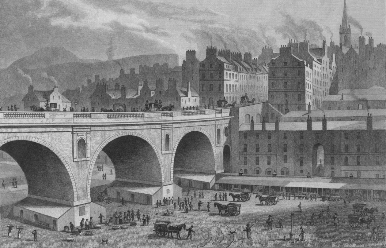 Mercado de Verduras y Pescado, Desde la Galería del Arco Iris, Edimburgo, 1830 de Ebenezer Stalker