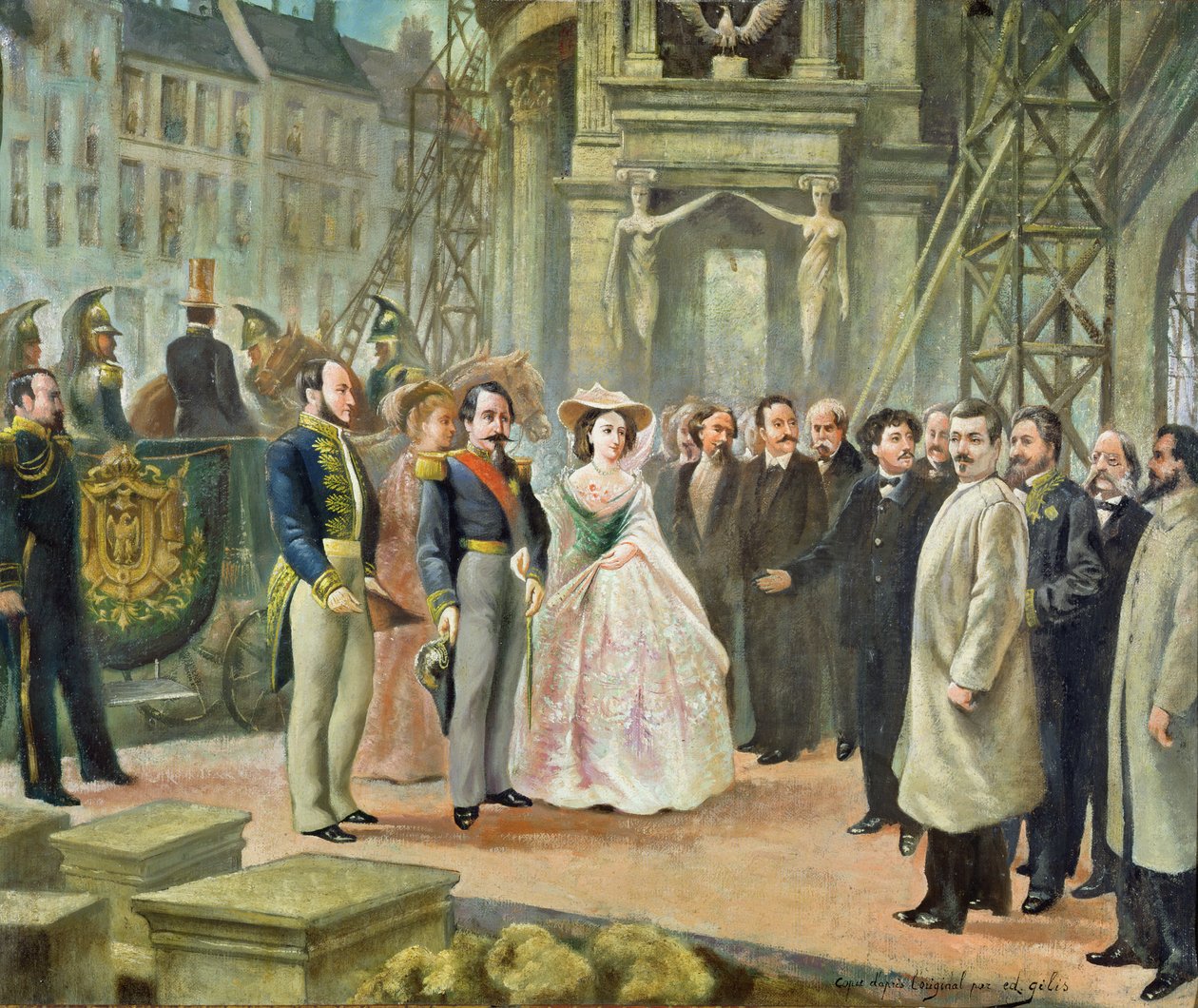 Barón Georges-Eugene Haussmann (1809-91) Napoleón III (1808-73) y la Emperatriz Eugenia (1826-1920) visitando a los trabajadores en la Ópera de Ed. Gilis