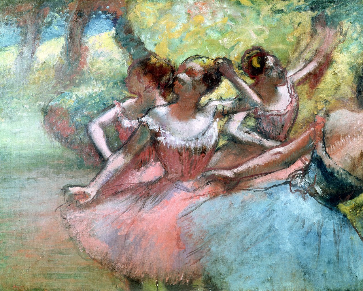 Cuatro bailarinas en el escenario de Edgar Degas