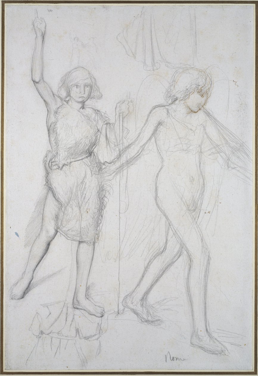 San Juan Bautista con un ángel caminando delante de él (lápiz con pluma y tinta marrón sobre papel) de Edgar Degas