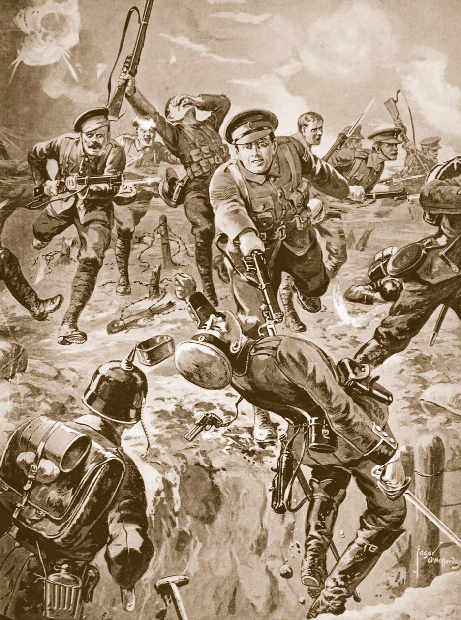 El cabo J. Davies y ocho hombres atacando con la bayoneta a un grupo de alemanes que previamente los habían rodeado de Edgar Alfred Holloway