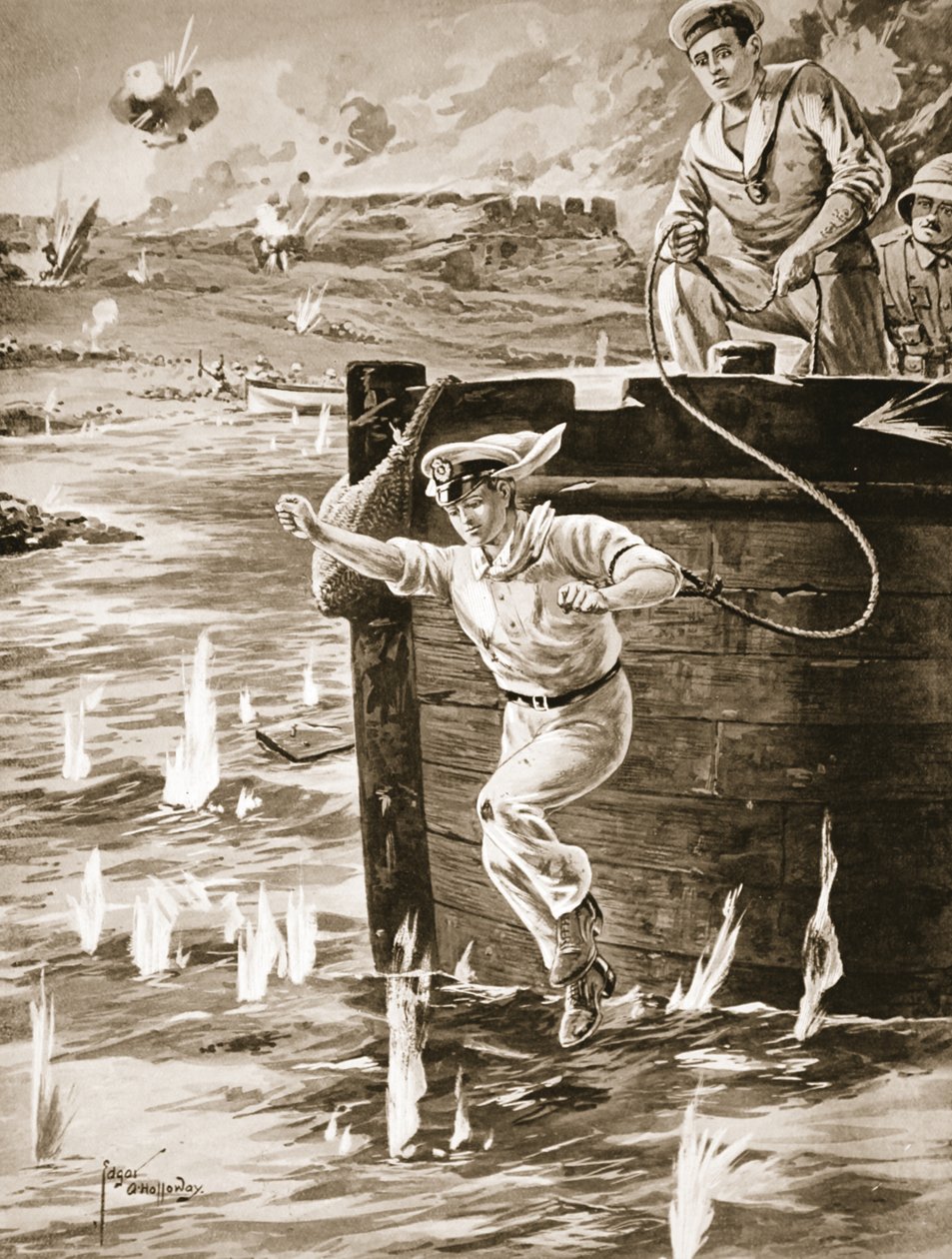 El guardiamarina Malleson saltando con una cuerda desde una barcaza para enlazar otra barcaza que estaba a la deriva de Edgar Alfred Holloway
