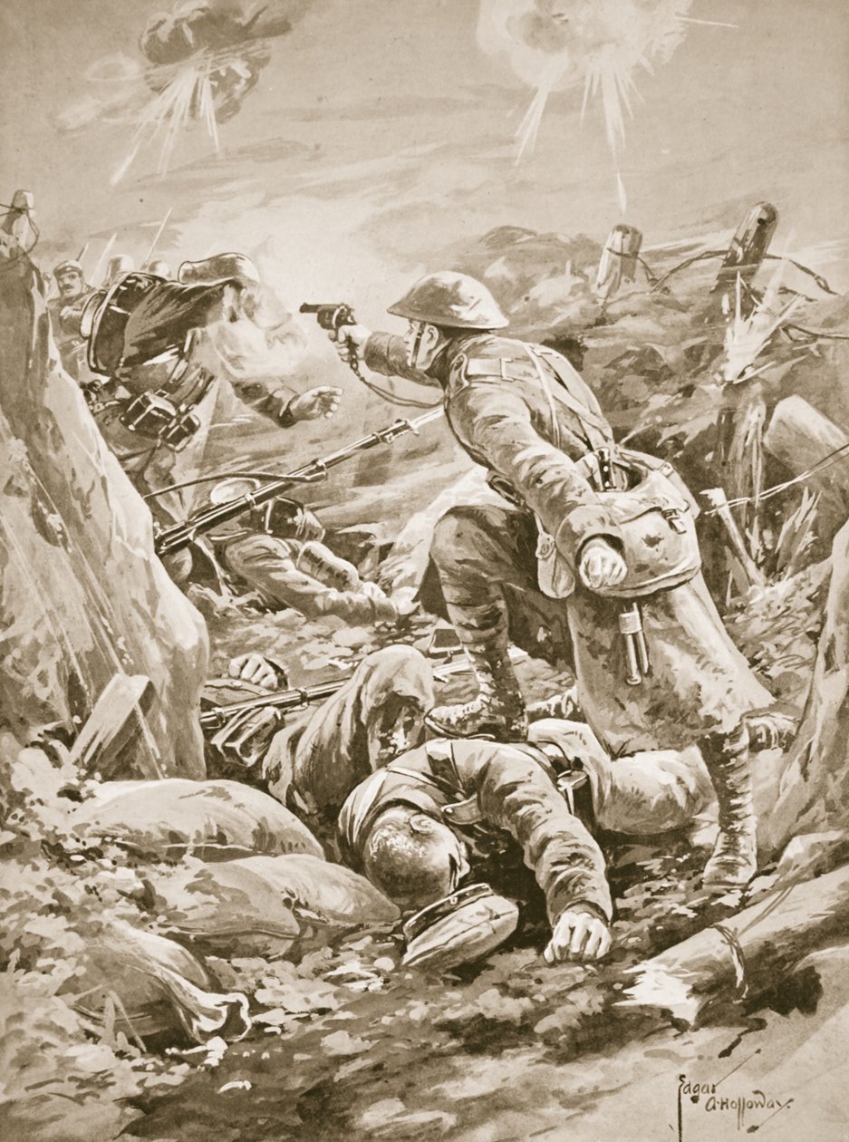 Soldado (Actuando como cabo) L. Clarke, solo, manteniendo a raya a un grupo de alemanes durante un contraataque de Edgar Alfred Holloway
