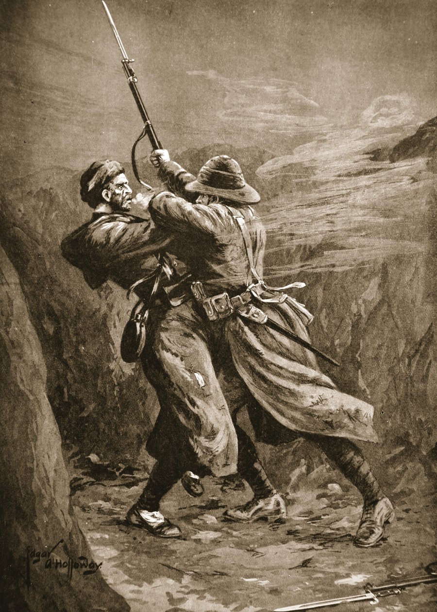 El soldado Lavin luchando con un bombardero turco en una trinchera británica en Suvla Bay, Gallipoli de Edgar Alfred Holloway
