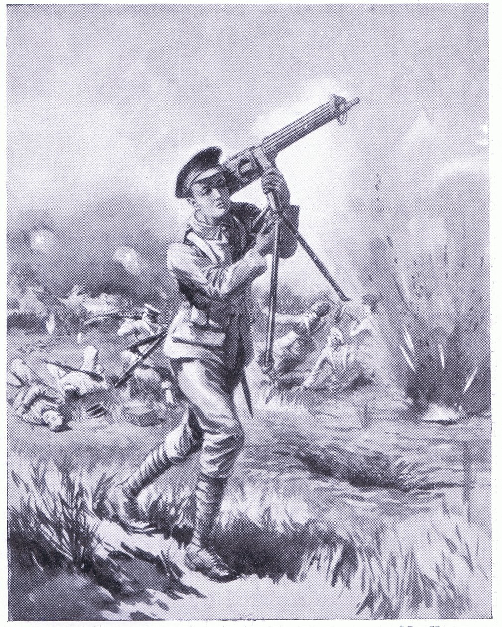 El Soldado Lynn llevando una ametralladora para reparar bajo fuego intenso en la Batalla de Aisne. Condecorado con la DCM 1915 de Edgar Alfred Holloway