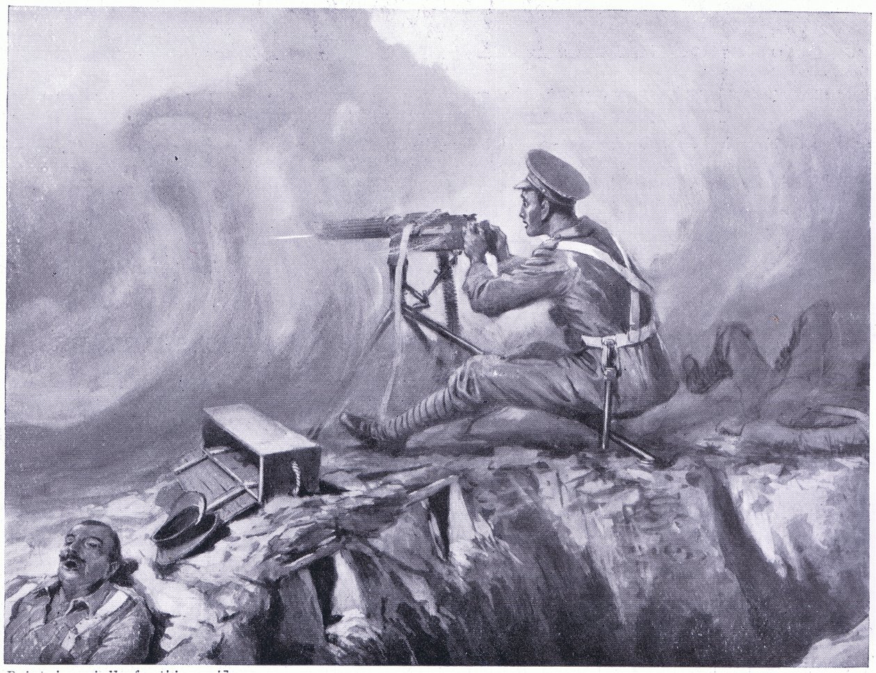 El soldado Lynn muriendo por envenenamiento de gas, maneja una ametralladora y repele un ataque alemán. Ypres abril 1915 de Edgar Alfred Holloway