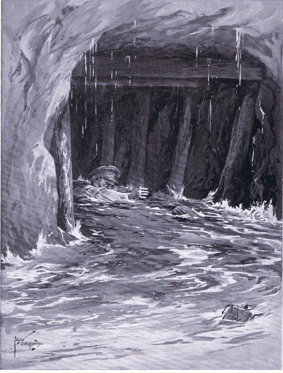 El segundo cabo Collier luchando por salir de una galería de minas casi llena de agua después de completar su trabajo (DCM) de Edgar Alfred Holloway