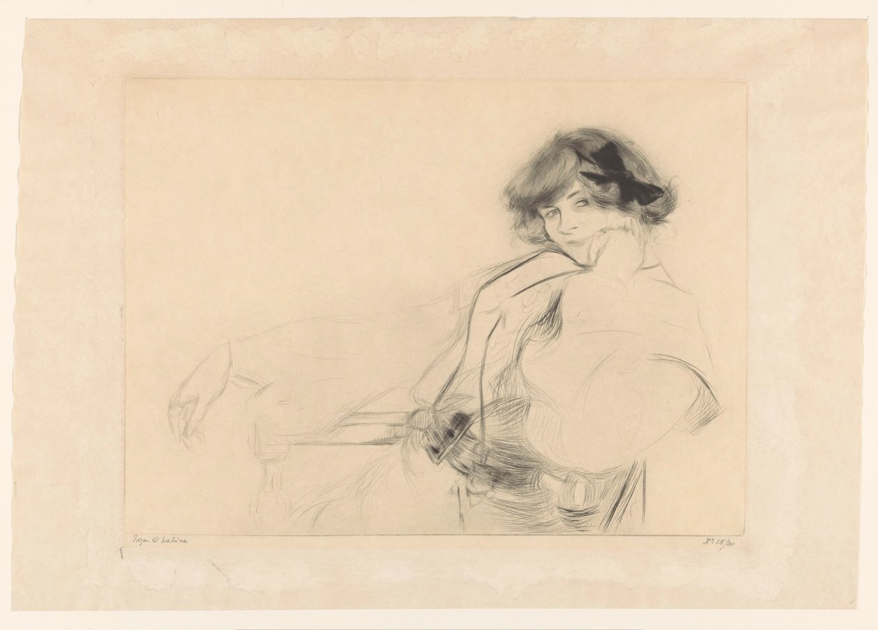 Mujer joven con un moño en el pelo sentada en una silla de Edgar Chahine (signed by artist)