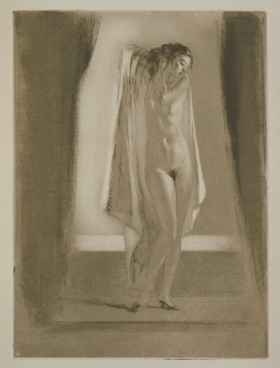 Una mujer saliendo de un baño, ilustración para "Mitsou" de Sidonie-Gabrielle Colette (1873-1954) publicada en 1930 (aguafuerte y punta seca) de Edgar Chahine