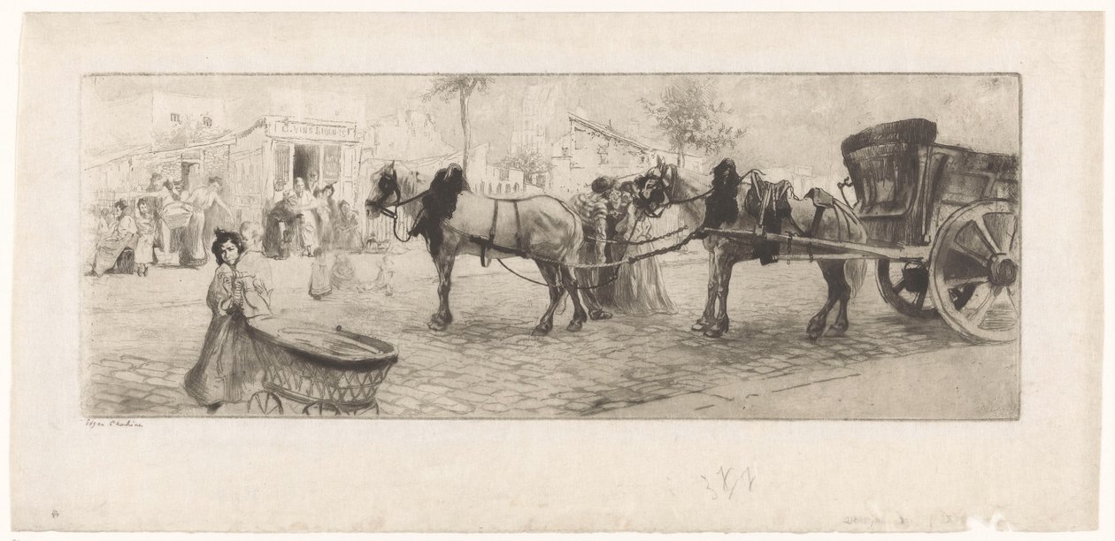 Vista de un bulevar con caballos estirados delante de un carro y una mujer con un cochecito de bebé de Edgar Chahine