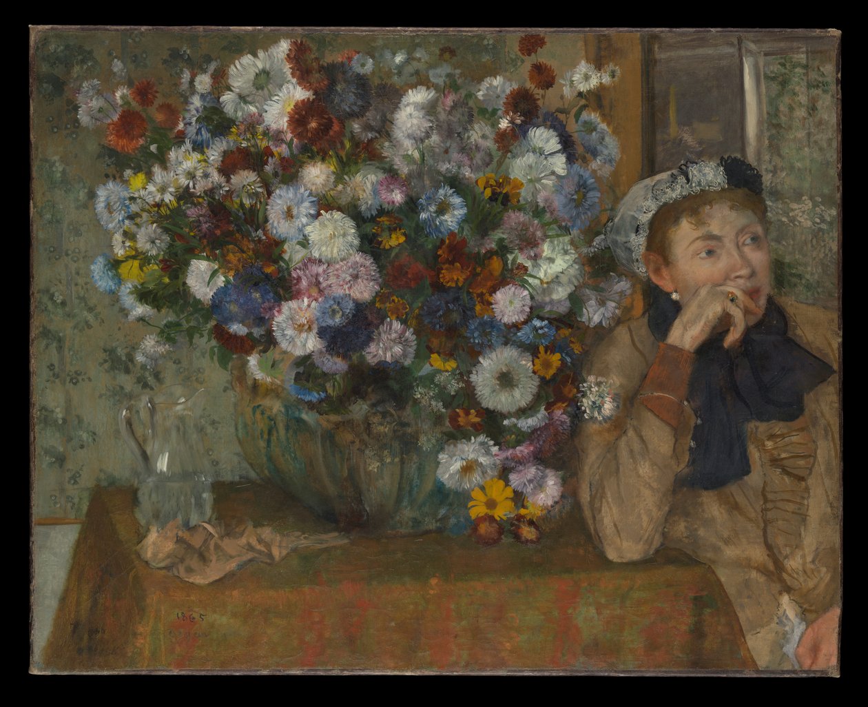 Una mujer sentada junto a un jarrón con flores (¿Madame Paul Valpinçon) de Edgar Degas