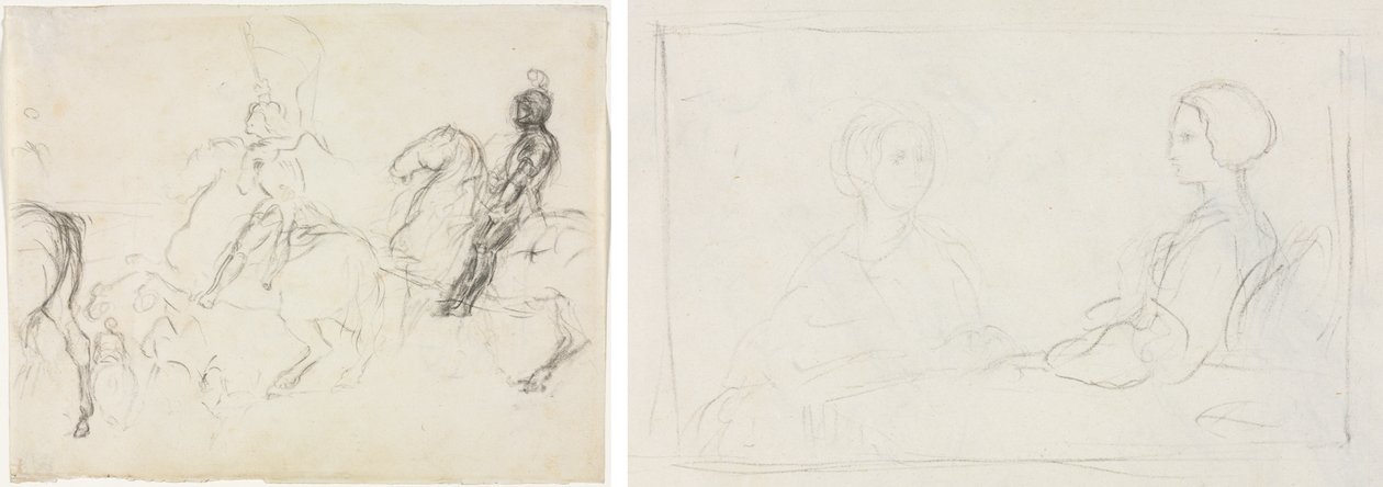 Escena de batalla con figuras armadas a caballo (recto) Dos mujeres sentadas (verso) de Edgar Degas