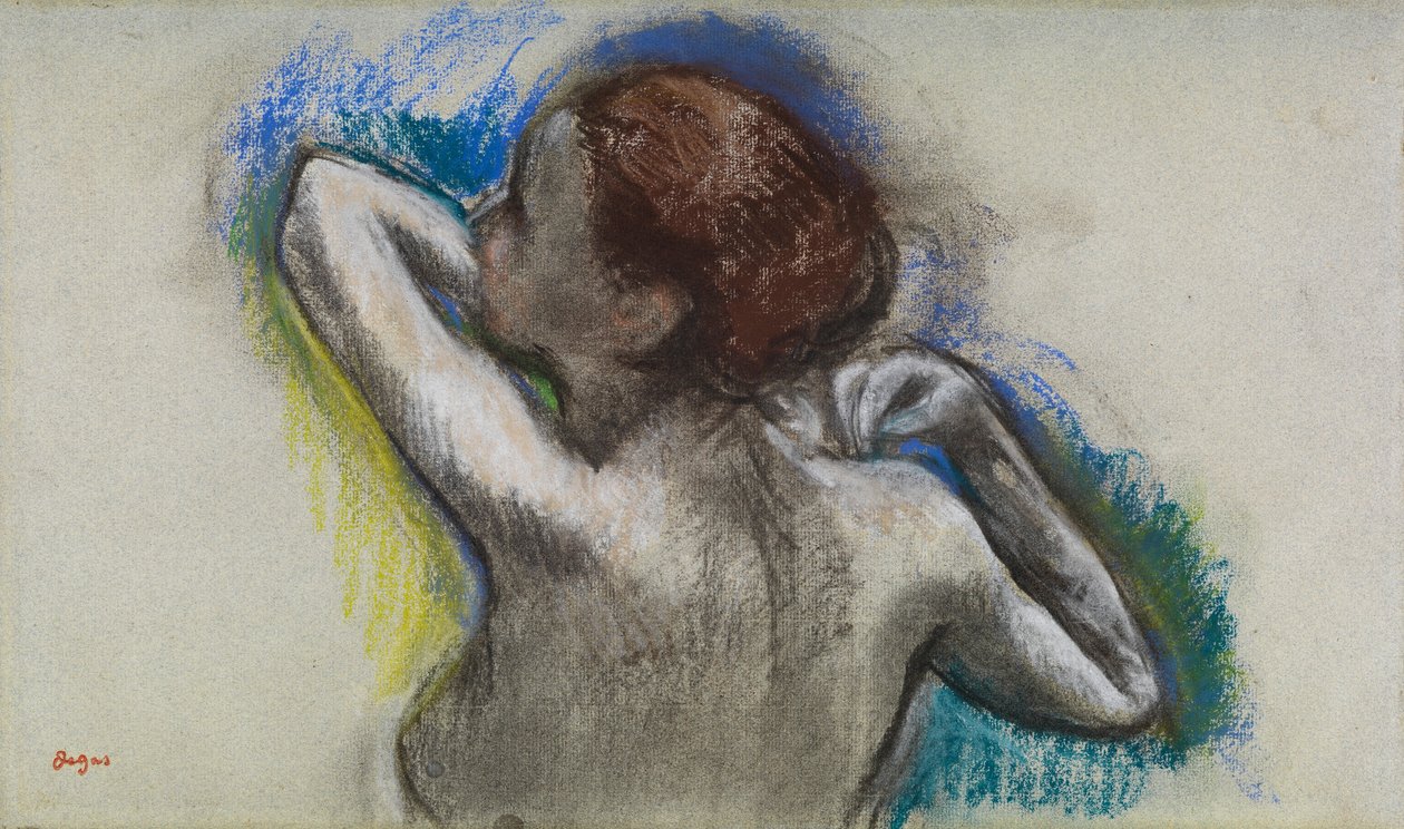 Bailarina ajustándose la bandolera, c.1895-1900 (carboncillo y pastel sobre papel) de Edgar Degas