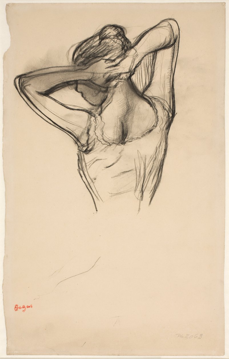 Bailarina arreglándose el cabello; medio cuerpo de perfil a la izquierda, medio de espaldas de Edgar Degas