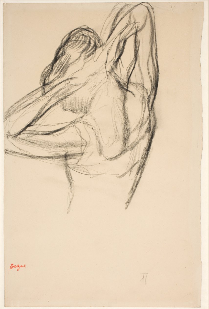 Bailarina arreglándose el cabello; medio cuerpo en perfil hacia la izquierda, medio de espaldas de Edgar Degas