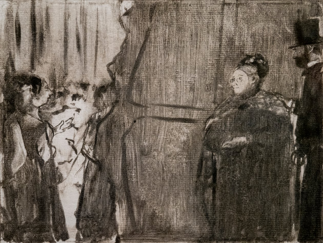 Encuentro de Ludovic Halevy y Madame Cardinal entre bastidores. Alrededor de 1876-1877. Monotipo con tinta negra de Edgar Degas