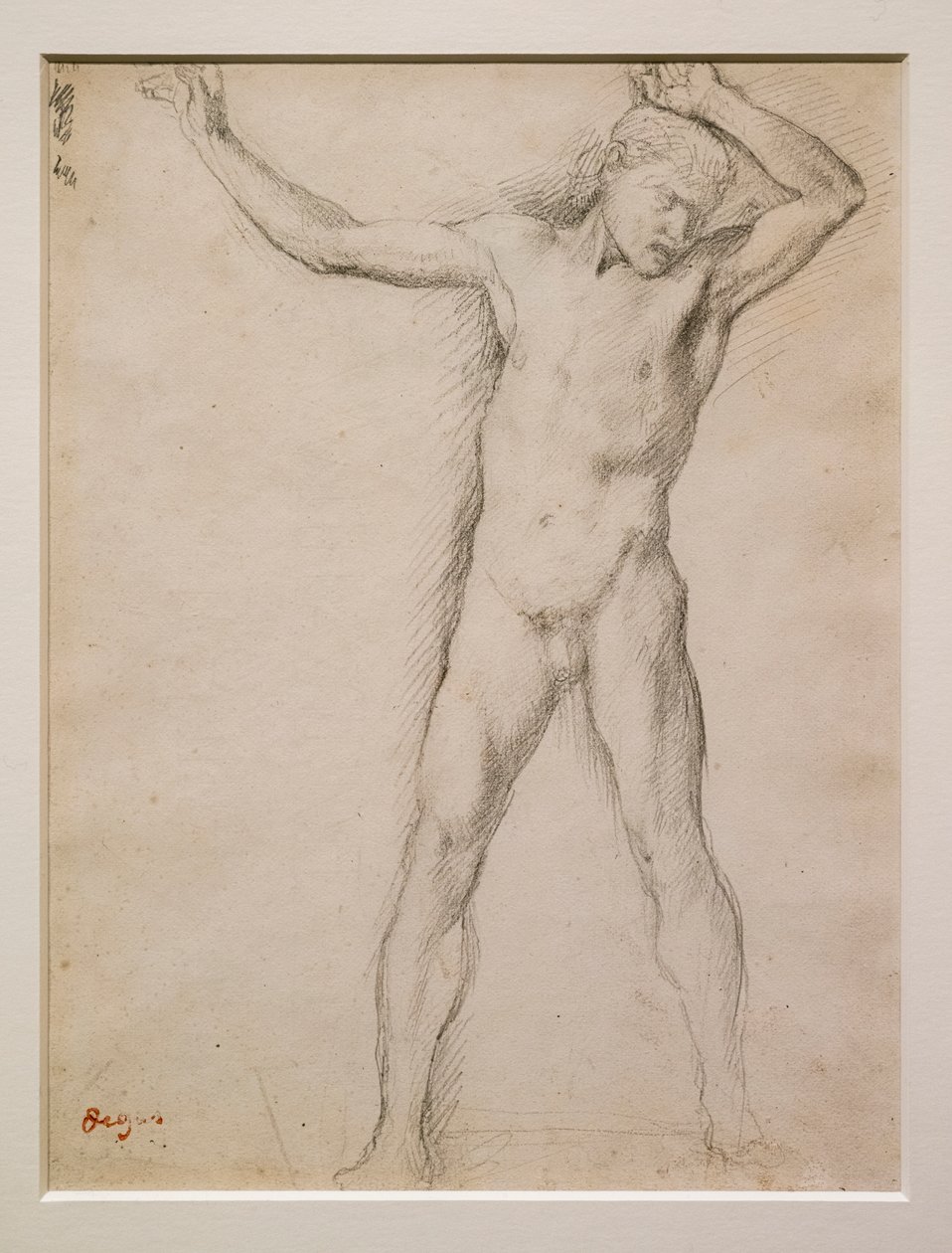 Rostro desnudo, brazos levantados, circa 1859-1861. Grafito sobre papel velin. de Edgar Degas