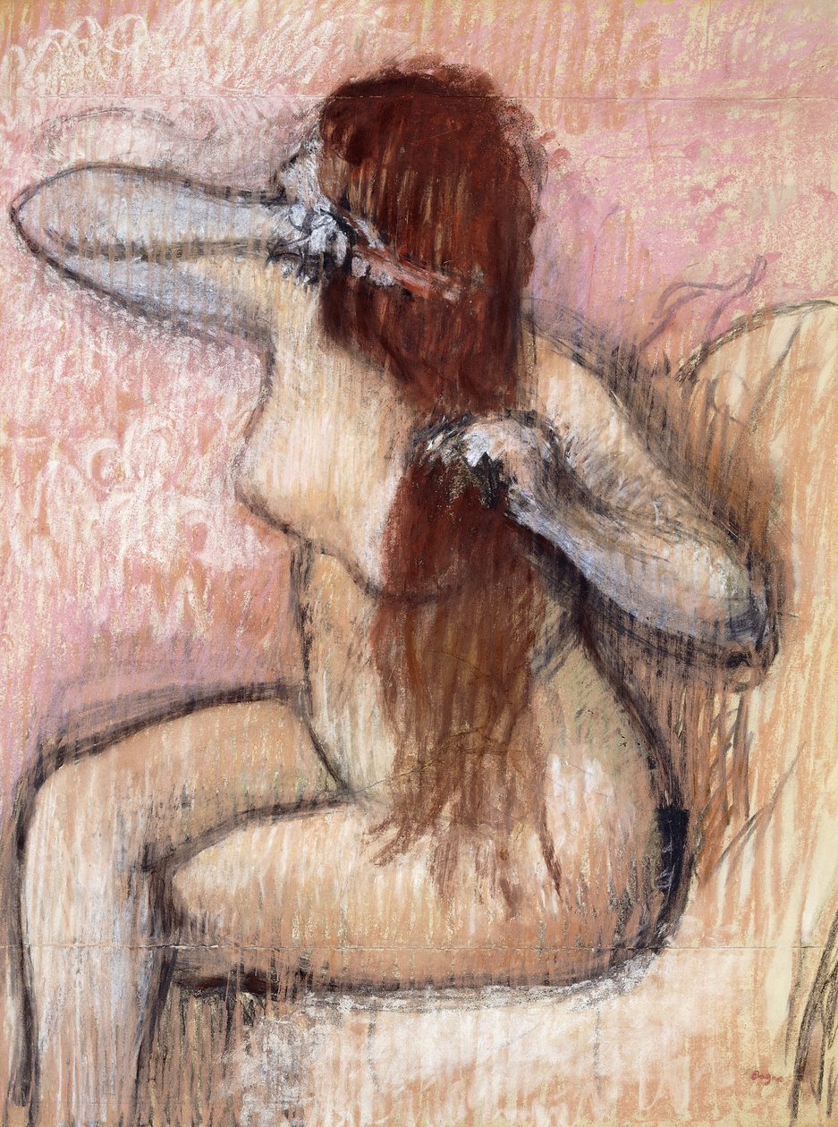 Mujer desnuda sentada arreglándose el cabello de Edgar Degas