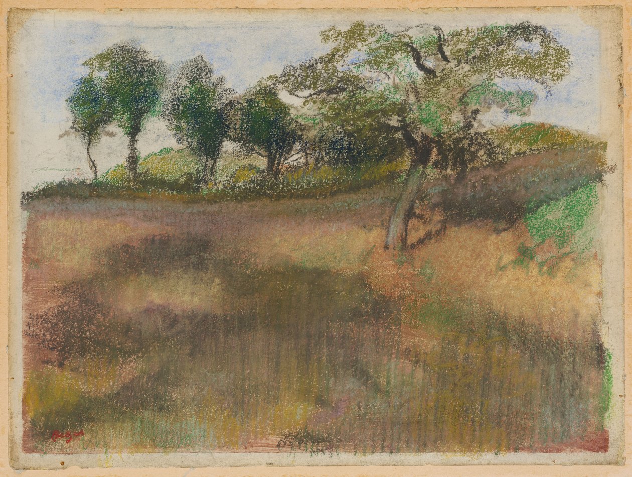 Campo arado bordeado de árboles de Edgar Degas