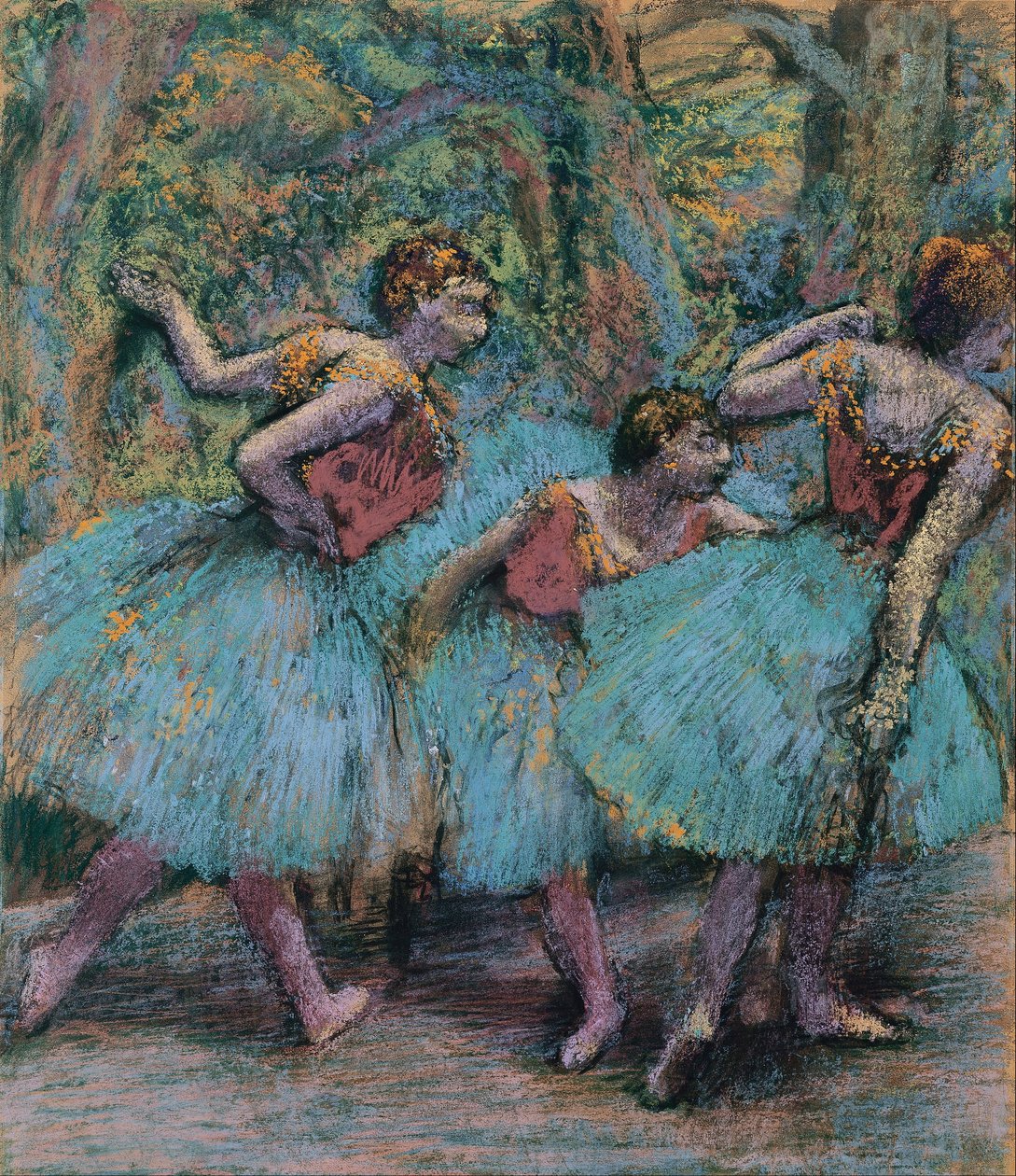 Tres bailarinas (tutús azules, corpiños rojos) de Edgar Degas