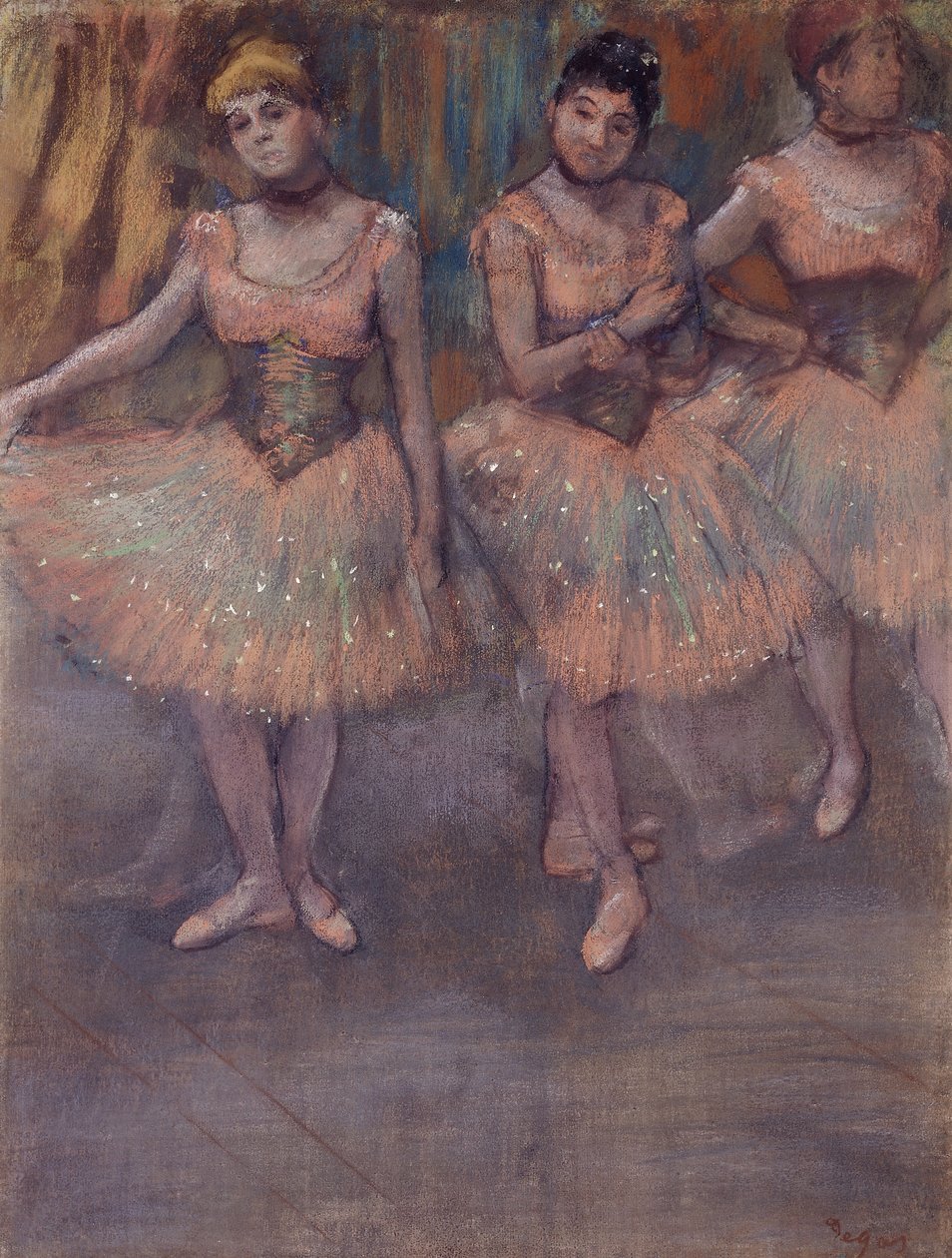 Tres Bailarinas antes de la Práctica, c.1880 de Edgar Degas
